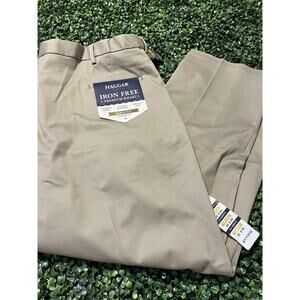 Haggar Mens Pleated Front Classic Fit Premium No Iron Khaki Expandable 44x30